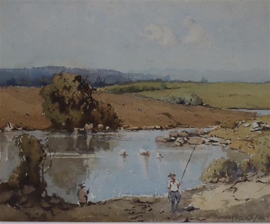 Mathew James McNalley Anglers beside a lake 25 x 31cm